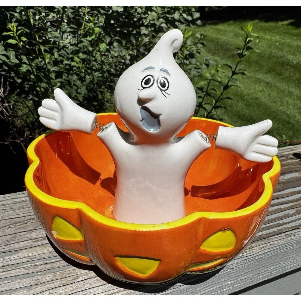 VTG Department 56 Halloween Ghost in Pumpkin Candy Dish Bowl Jiggle Spring Arms